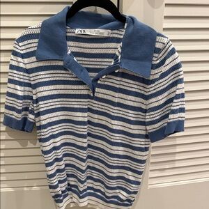Zara Women’s Blue & White Striped Polo Top